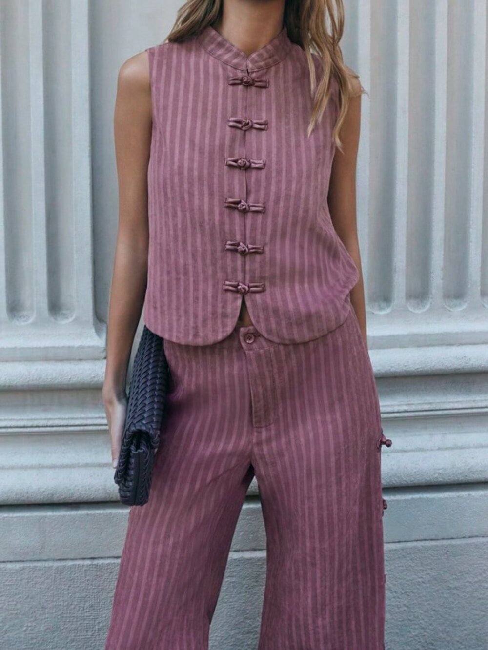 Burgundy Casual Women's Stand Collar Blouse And Long Plain Pants Set - Picture 11 of 13